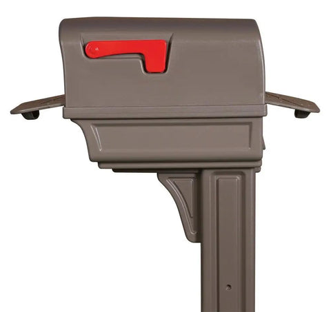 Side view of Gentry Large Capacity Double Walled Plastic Mailbox And Post Combo Kit in Mocha with red flag.