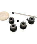 48P Pinion Gear Set For 1/10 RC Cars, 16T 17T 18T 19T, 3.175mm Pitch, shown with quarter and hex key, ideal for speed tuning.