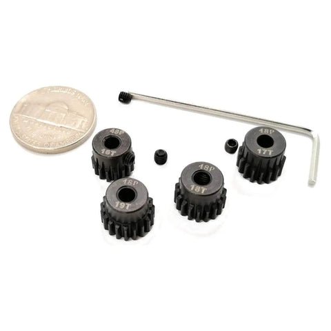 48P Pinion Gear Set For 1/10 RC Cars, 16T 17T 18T 19T, 3.175mm Pitch, shown with quarter and hex key, ideal for speed tuning.