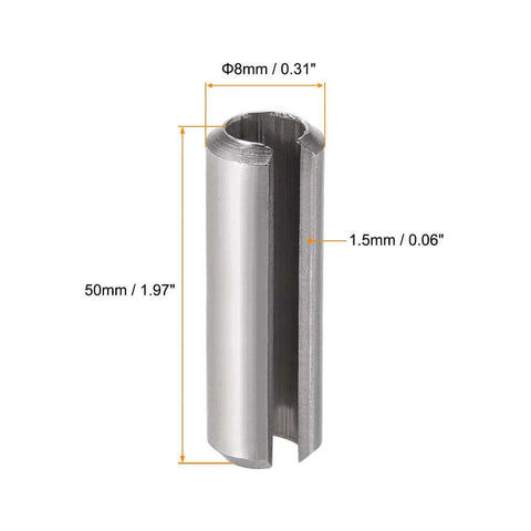 Slotted Spring Pin M8 X 50mm 304 Stainless Steel Roll Pin With Chamfered Ends, side view with measurements.