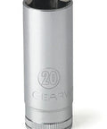 Three Eighths Inch Drive 6 Point Deep Socket 20mm Built For Auto Repair Heavy Duty Chrome Finish With Chamfered Opening And Deep Serrated Grip.