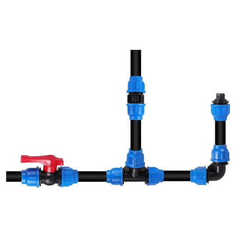 Heavy Duty Pe Water Pipe Quick Connector With Quick Shut Off Valve Durable Plastic Coupling Fittings For 20 To 50 Mm Tubing in black and blue.