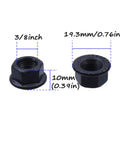Three Eighth Inch Black Flange Bicycle Hub Nut Kit with 10mm and 3/8 inch size, shown in detail with dimensions.