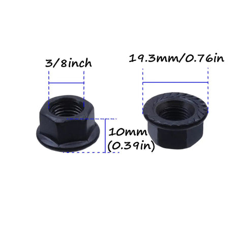 Three Eighth Inch Black Flange Bicycle Hub Nut Kit with 10mm and 3/8 inch size, shown in detail with dimensions.