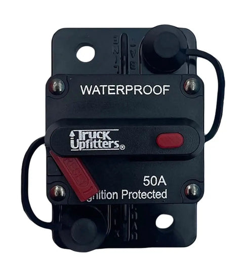 Heavy Duty 50A DC Circuit Breaker Surface Mounted For Automotive And Marine Use 12V To 48V Main Power Protector shown front view