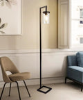 Industrial Floor Lamp With Glass Shade And Tall Pole in living room setting, black metal, 64" tall, modern rustic farmhouse decor