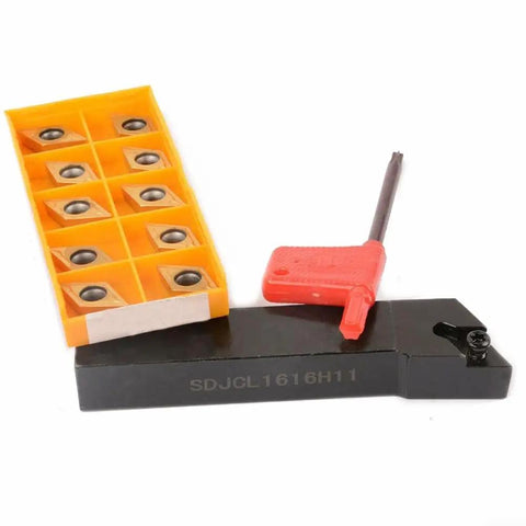 Top Tier Alloy Steel SDJCL1616H11 Lathe Turning Tool Holder with DCMT11T304 inserts and wrench in close view.