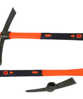 Heavy Duty Mattock With Fiberglass Handle For Digging, Breaking Hard Soil, Landscaping, Camping, Paving, shown disassembled.