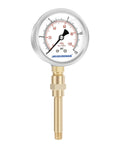 Front view of MeasureMan heater air gauge kit; liquid-filled pressure gauge with 0-15 psi scale and brass fittings