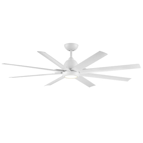 Tight Smart Ceiling Fan With Eight Sleek Blades And Matte White Aluminum Design, ideal for large rooms, features a modern look.