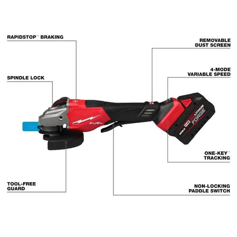 Heavy Duty Brushless Power Angle Grinder Kit With 9000 Rpm Motor And Smart Battery Tech for dust screen and variable speed controls.