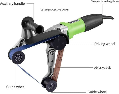 Powerful 800W Electric Round Tube Polisher Sander Machine with abrasive belt and guide wheels for stainless steel polishing.