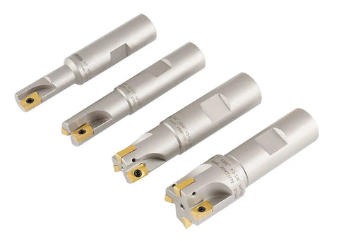 4 Piece 90 Degree Indexable End Mill Set With APKT11T3 Inserts For Steel Stainless Cast Iron And Aluminum Milling, Cutter Diameters One Half Inch, Five Eighths Inch, Three Quarters Inch And One Inch, Features Square Shoulder Face And Side Milling
