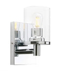 Super Cool Vintage Style One Light Wall Sconce With Clear Glass Shade And Metal Base In Chrome Perfect For Creating An Industrial Vibe In Your Bathroom Vanity Mirror Bedroom Hallway Kitchen Hardwired Wall Mount Light Fixture, side view with clear glass shade highlighting chrome base and bulb.