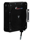 Heavy Duty Automatic Grease Hose Reel Boasting Snag Free 60 Foot Synthetic Black Rubber Line With 1/4 Inch Diameter And 2SC Galvanized Fittings Plus 90 Degree Swivel For Built Tough Garage Workhorse Performance mounted on a wall.