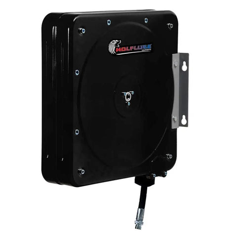 Heavy Duty Automatic Grease Hose Reel Boasting Snag Free 60 Foot Synthetic Black Rubber Line With 1/4 Inch Diameter And 2SC Galvanized Fittings Plus 90 Degree Swivel For Built Tough Garage Workhorse Performance mounted on a wall.