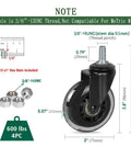 Badass 3 Inch Rubber Caster Wheels Set Of 4 With 3/8 Threaded Stem Heavy Duty Swivel Casters dimensions and specifications infographic.
