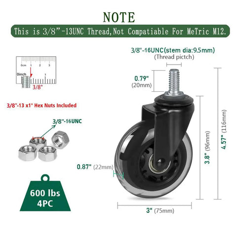 Badass 3 Inch Rubber Caster Wheels Set Of 4 With 3/8 Threaded Stem Heavy Duty Swivel Casters dimensions and specifications infographic.