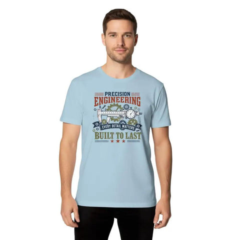 Cool Vintage Blueprint T-Shirt With Caliper Design For Mechanics And Engineers Perfect Garage Gear For Project Planning Or Daily Hangouts, light blue fabric with precision engineering graphic.