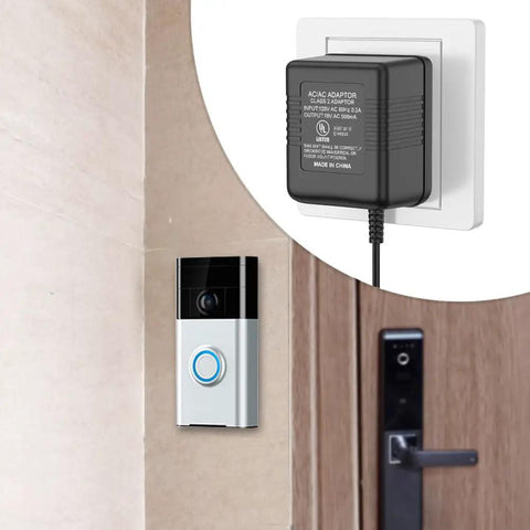 UL Certified Video Doorbell Power Supply Adapter With a 26 Foot Cable, Delivers 18V 500mA shown with video doorbell and outlet