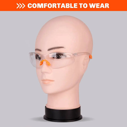 Orange Safety Glasses Set Of 12 For Men And Women, Clear Working Glasses on mannequin head, demonstrating lightweight comfort