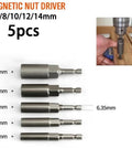Tough 5 Piece Hex Socket Kit With Magnetic Bits For Pneumatic Screwdrivers To Grab Bolts And Nuts Made Of Hardened Chrome Vanadium Steel For Heavy Duty Jobs And Impact Driving Tasks, 6-14mm