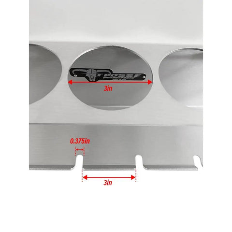 Close-up of Pneumatic Tool Holder And Aerosol Rack Combo Wall Mount showing dimensions and slots, made in USA.