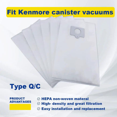 Replacement Canister Vacuum Bags HEPA Filtration For QC Type 53292 20-53292 5055 50557 50558 on white background