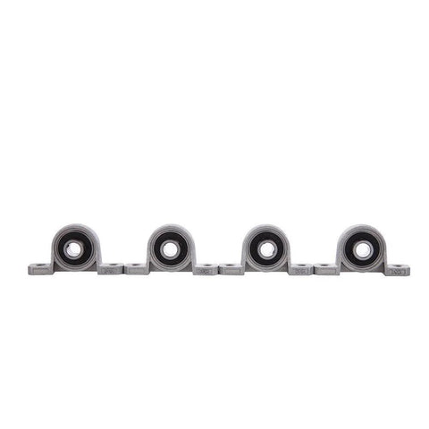 Four metal 8 mm bore ball-mounted pillow block insert bearings in a row.