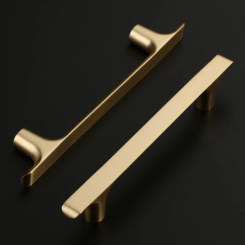 Brushed Gold Cabinet Pulls Pack Of 10, 5 Inch Hole Centers, Zinc Alloy And Brass Construction, two cabinet handles on black background