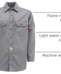 Men Lightweight Flame Resistant Cotton Twill Work Shirt Water Repellent Oil Stain Proof Hardcore Industrial Workwear Built Tough For Welding Rig Job Sites in gray with pockets.