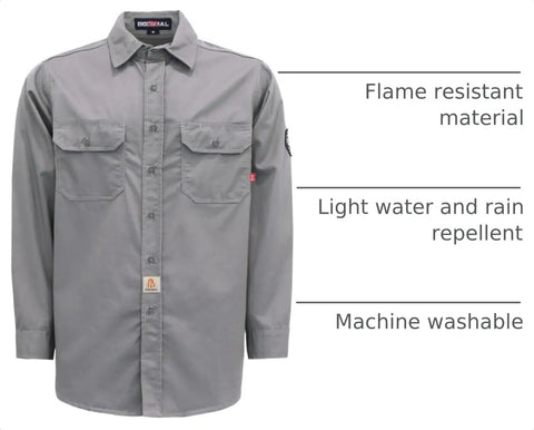 Men Lightweight Flame Resistant Cotton Twill Work Shirt Water Repellent Oil Stain Proof Hardcore Industrial Workwear Built Tough For Welding Rig Job Sites in gray with pockets.