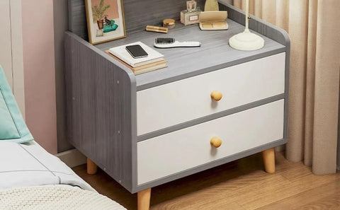Gray dresser with Unfinished Round Wood Drawer Knobs 10 Pack, Mushroom Shape Cabinet Hardware, 36mm Diameter Pull Handles installed