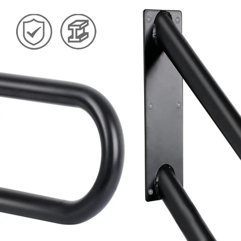Close-up of black handrail brackets of Rugged RV Stairs With Handrail And Step Covers 5 Step Ladder For Outdoor Use Heavy Duty 5th Wheel