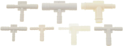 Universal vacuum connector kit with assorted shapes T, Y, F, L, and straight plastic tubing connectors for auto DIY projects.