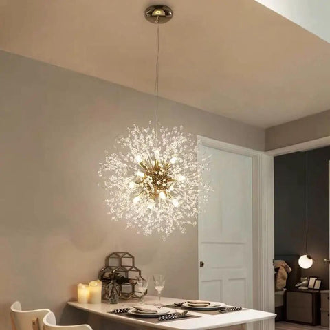 Gold 9 Light Crystal Ceiling Chandelier Pendant Lighting Fixture for Dining Room with Sparkling Crystals over Table