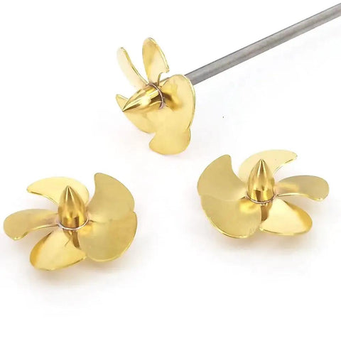 Beefed Up 35mm Copper 5 Blade RC Boat Propeller With M4 Shaft Left Hand Spin displayed with detailed blades and shaft