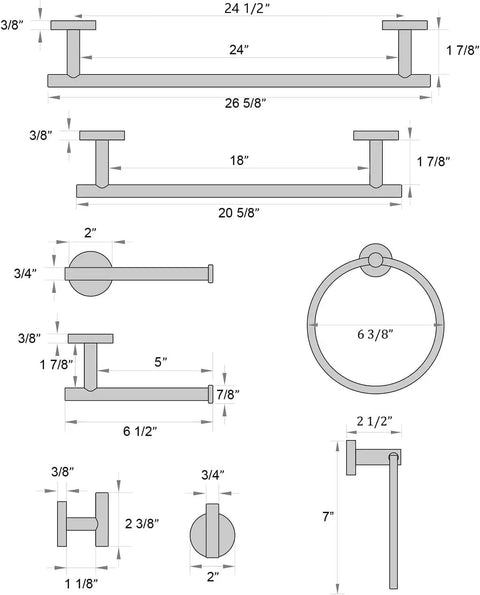 Technical drawing of Brushed Nickel Bathroom Accessories Set Five Piece Wall Mounted Easy Install Includes 24 Inch Towel Bar 18 Inch Towel Bar