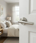 Sunrise Lever Round Rosette Tubular Latch Passage Set In Polished Stainless Steel TL4 2-3/4 Inch Backset on bedroom door
