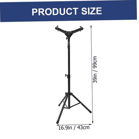 Heavy Duty Adjustable Height Tripod Snare Drum Rack Stand With Slick Black Alloy Finish; 39in tall, 16.9in wide, adjustable frame.