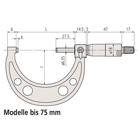 Diagram of Outside Micrometer 0 to 25mm, 0.001mm Graduation, Vernier Scale, Ratchet Stop for Consistent Pressure