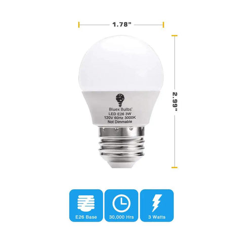Eight Pack 3W LED Light Bulbs E26 Base 120V Warm White 3000K, 25W Equivalent, Energy Saving Night Light Bulbs product diagram