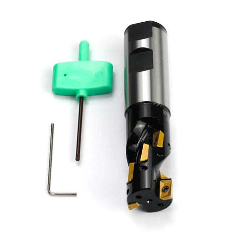 Heavy Duty 1 Inch Shank Indexable End Mill For Rugged Milling, 1 Inch Cutting Diameter, shown with wrench and tool