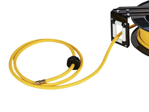 Beefy Heavy Duty Steel Retractable Hose Reel For Air And Water Three Eighths Inch By Fifty Feet Hybrid Polymer Hose Max 300 PSI