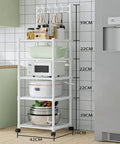 The Real Deal Five Tier Storage Rack Heavy Duty Metal Shelving Unit With Smooth Rolling Casters Rust Resistant Black Finish Built Tough For Zero Hassle Garage And Versatile Organization, slim white rack with kitchen appliances.