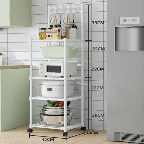 The Real Deal Five Tier Storage Rack Heavy Duty Metal Shelving Unit With Smooth Rolling Casters Rust Resistant Black Finish Built Tough For Zero Hassle Garage And Versatile Organization, slim white rack with kitchen appliances.
