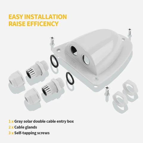 Gray Solar Double Cable Entry Gland for RV Roof and Marine Installations shown with cable glands and screws.