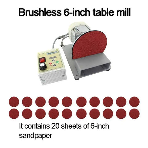 Heavy Duty Bench Grinder And Polishing Workhorse With 550 Watt Brushless Motor And Intuitive Digital Controls Spanning 200 To 7000 Rpm Mounted On Aluminum Frame Comes Packed With Twenty Sandpapers For Zero Hassle Workshop Upgrades, featuring 6-inch sanding disc and control panel.