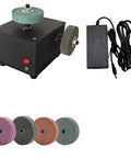 Heavy Duty Dual Wheel Bench Grinder With Copper Motor Runs Slick On 110 Or 220 Volt Power For Precision Polishing and Rock Solid Sharpening For Every Gotta Grind Workshop Setup with various grinding wheels and power adapter.
