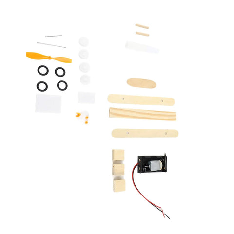 Components of Electric Wood Glider Aircraft Model Kit For Kids 7 And Up - Wood, plastic, metal parts shown